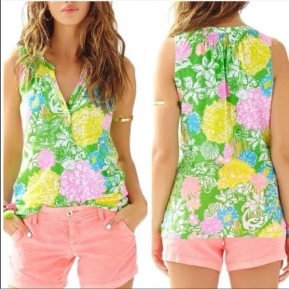 Lilly Pulitzer Essie Sleeveless Top Women's XS Hibiscus Stroll Print Shirt - Picture 1 of 9